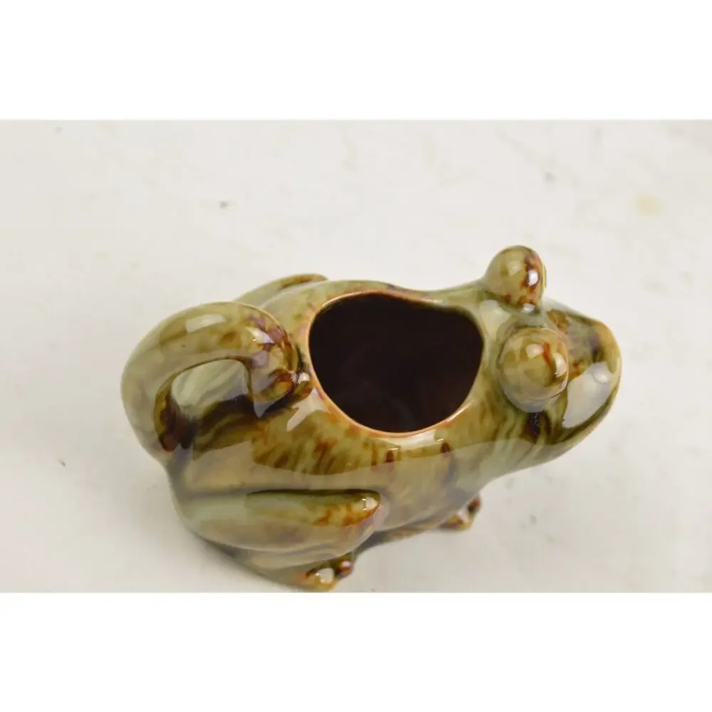 Frog Ceramic Tea Condiment Set x4 Lidded Bowl Sugar Creamer Green Glazed Pottery